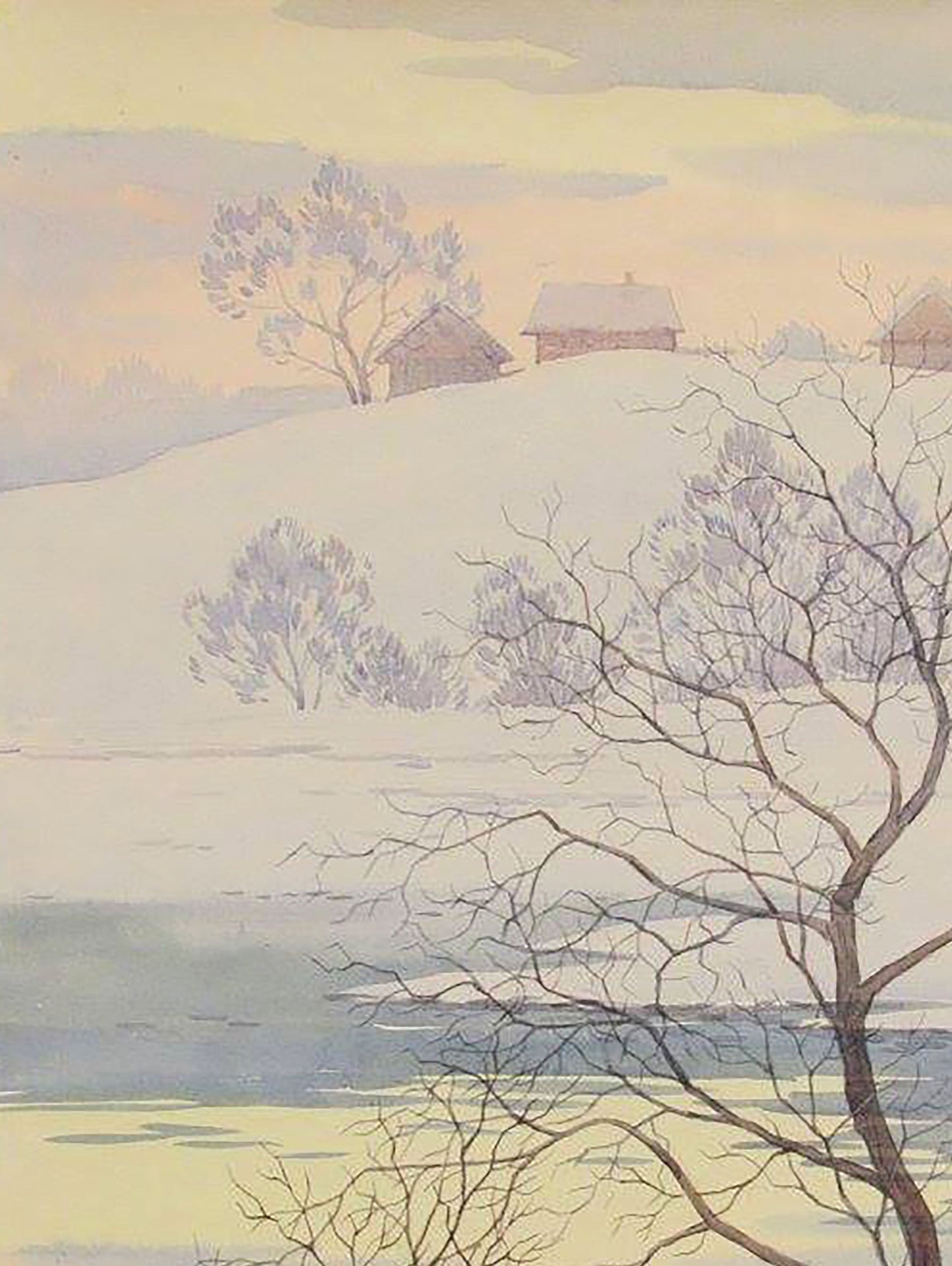 Watercolor painting Winter evening on a hill Valery Savenets