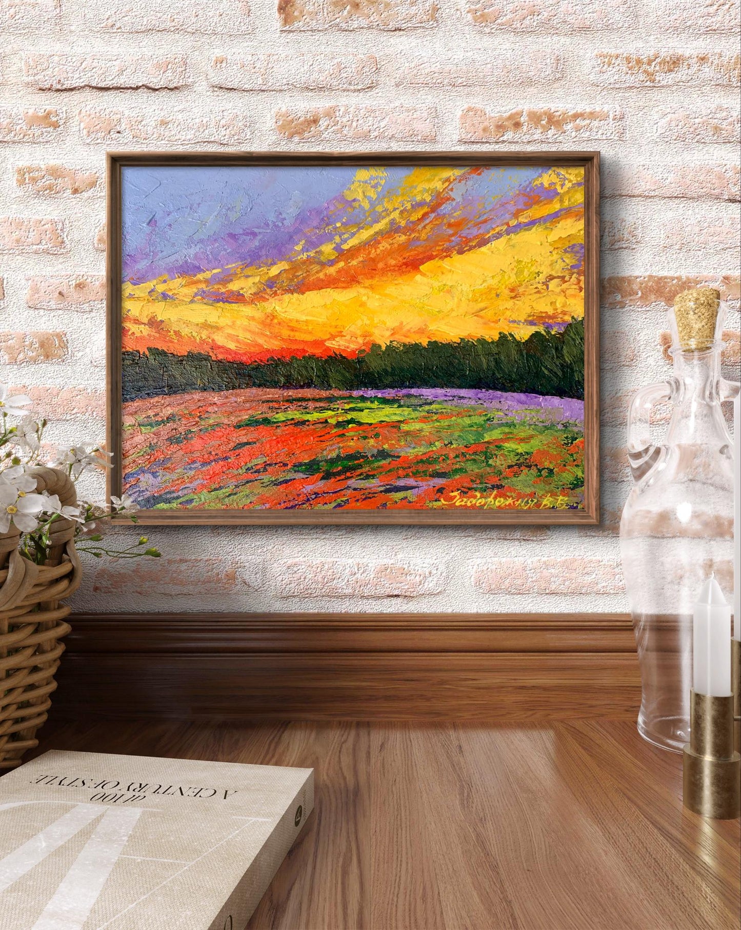 Oil painting Watching the sunset in the field V. Zadorozhnya
