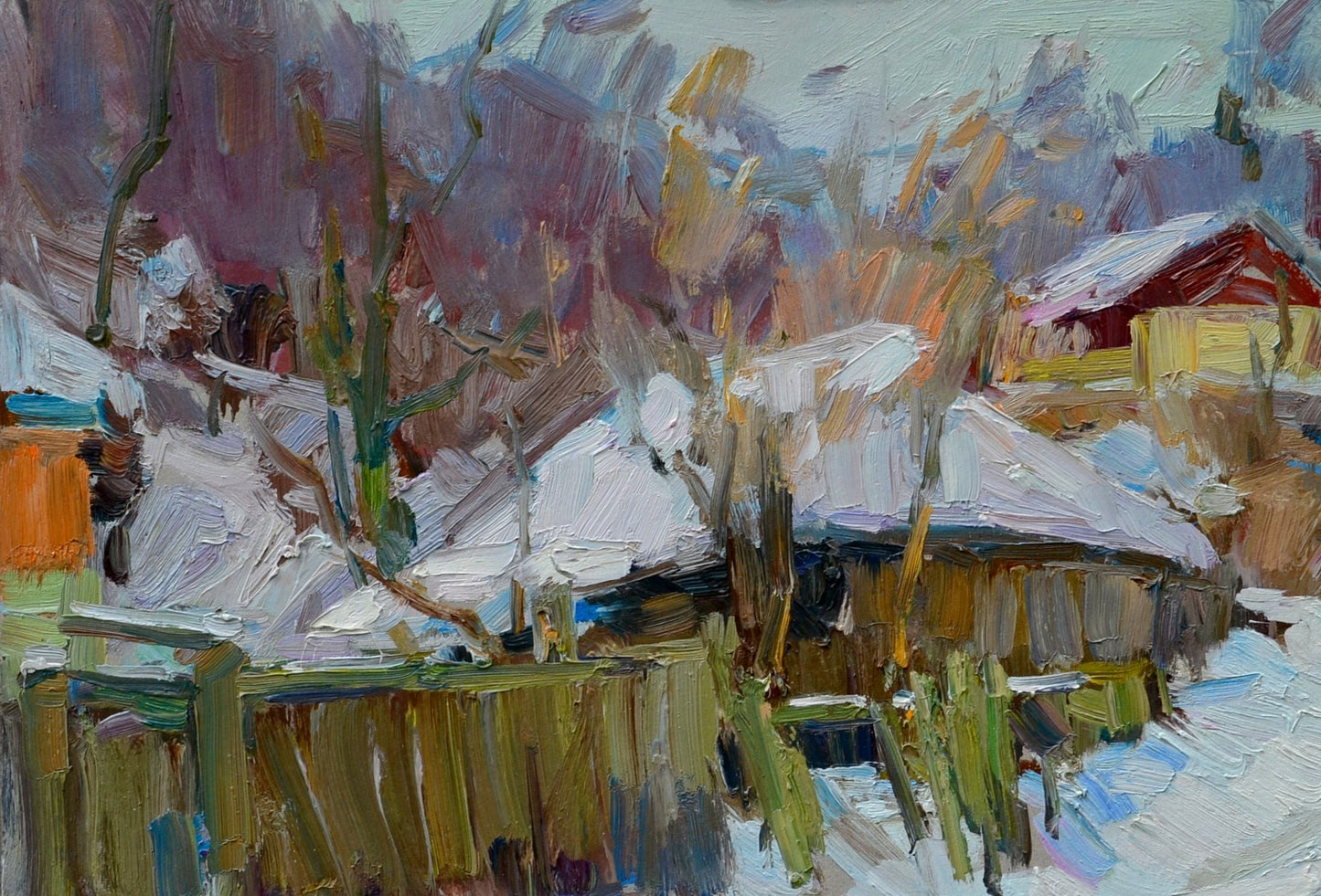 Oli painting Winter in Village Pereta Vyacheslav