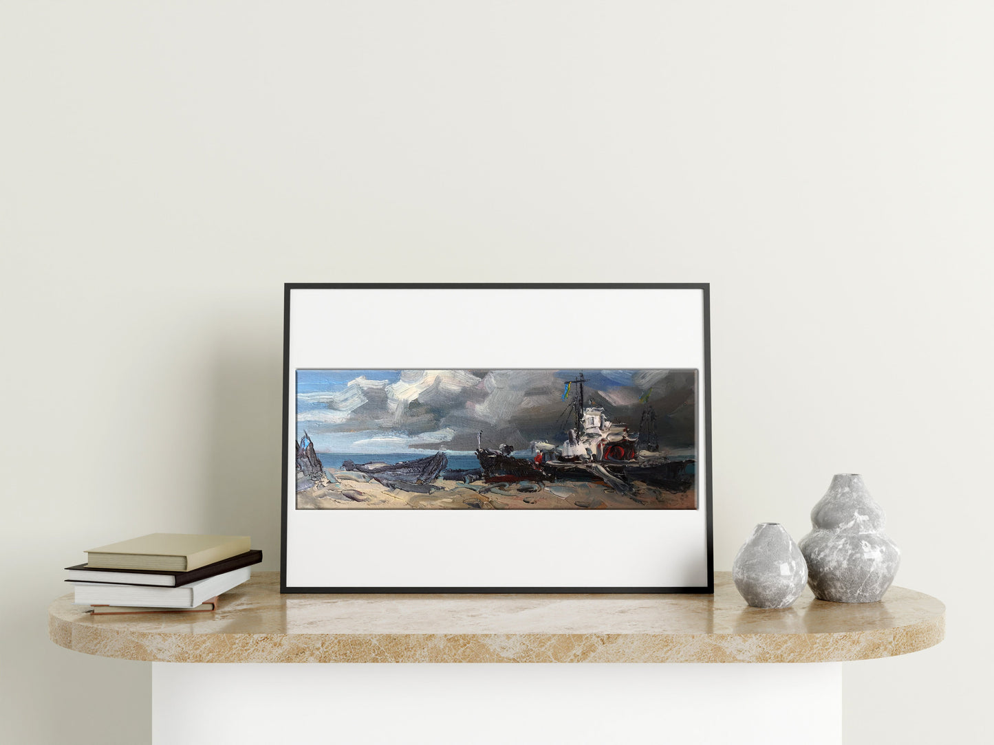 Alexander Nikolaevich Cherednichenko's oil artwork portraying a ship on the coast