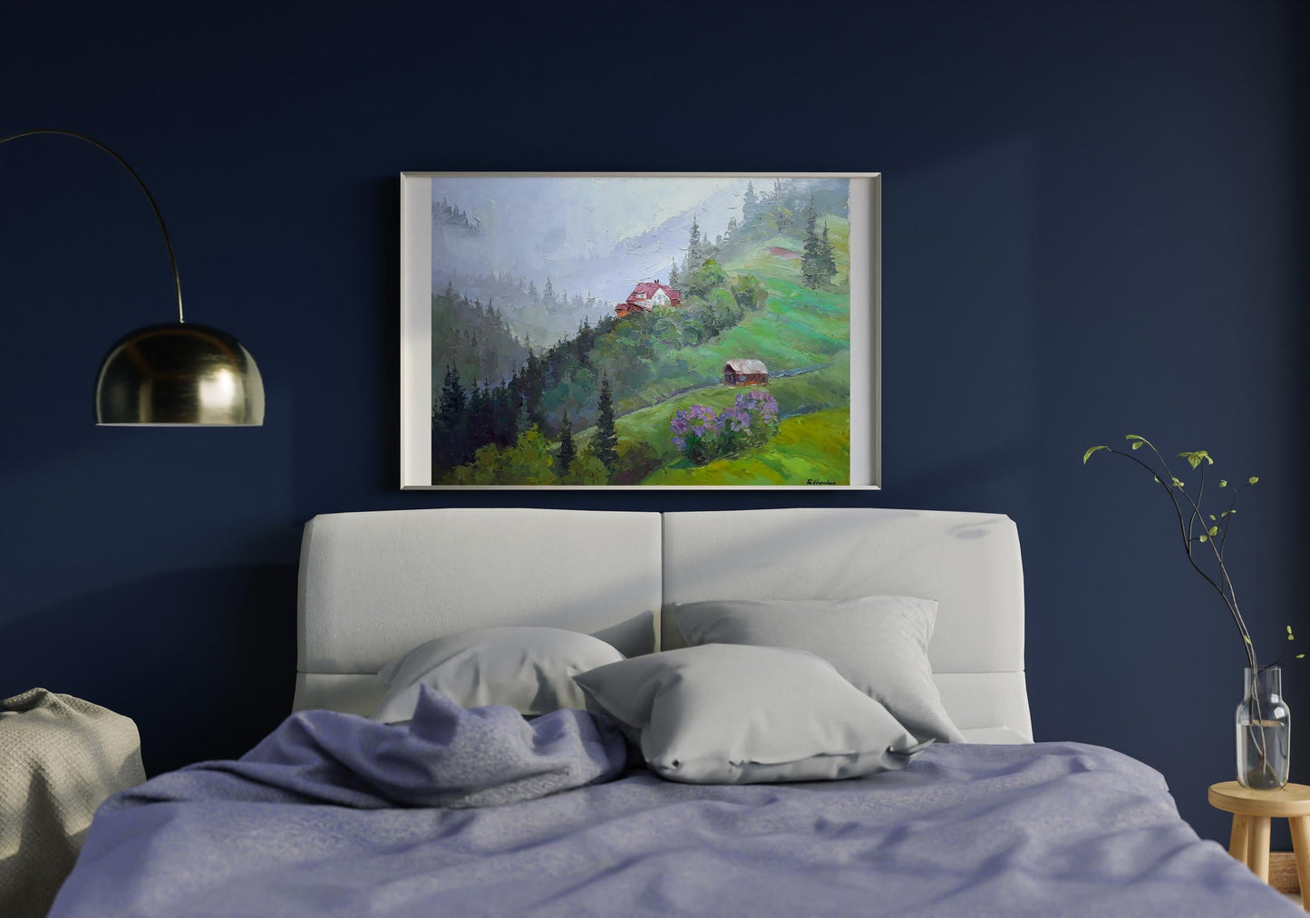 An oil artwork by Boris Petrovich Serdyuk capturing the ambiance of rain in mountainous terrain
