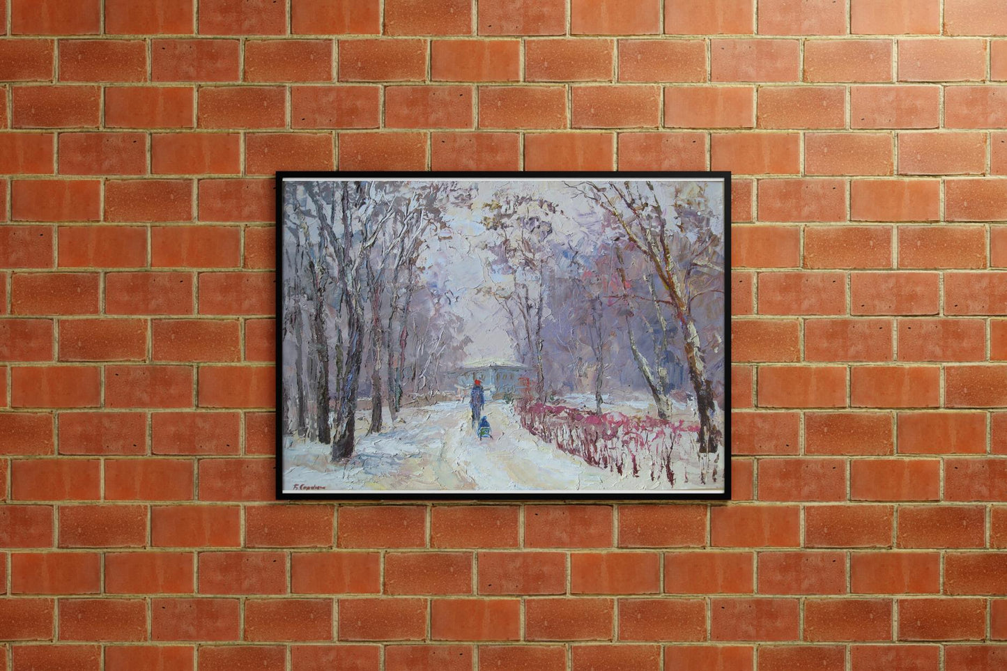 Oil painting depicting a "Winter Walk" by Boris Petrovich Serdyuk