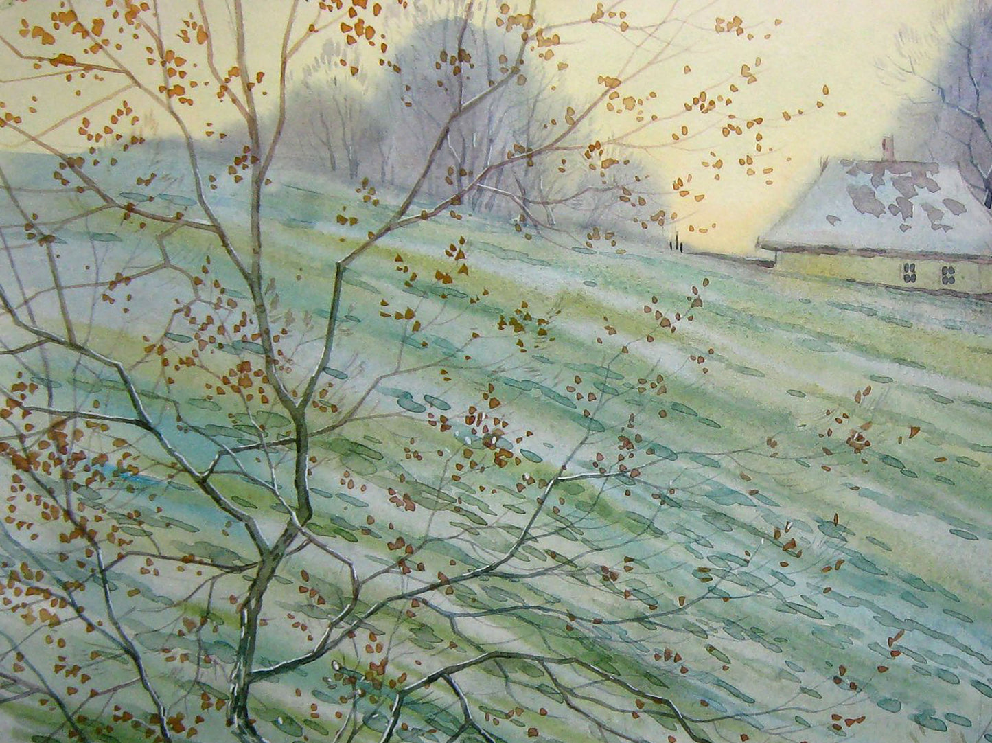Watercolor painting Village landscape Art Autumn Savenets Valery