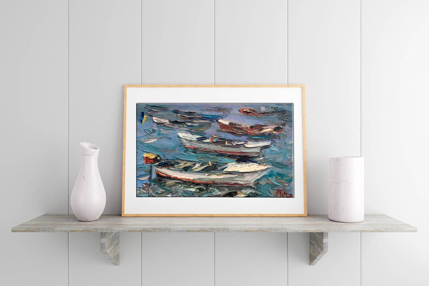 Alexander Nikolaevich Cherednichenko's oil portrayal of boats by the shore