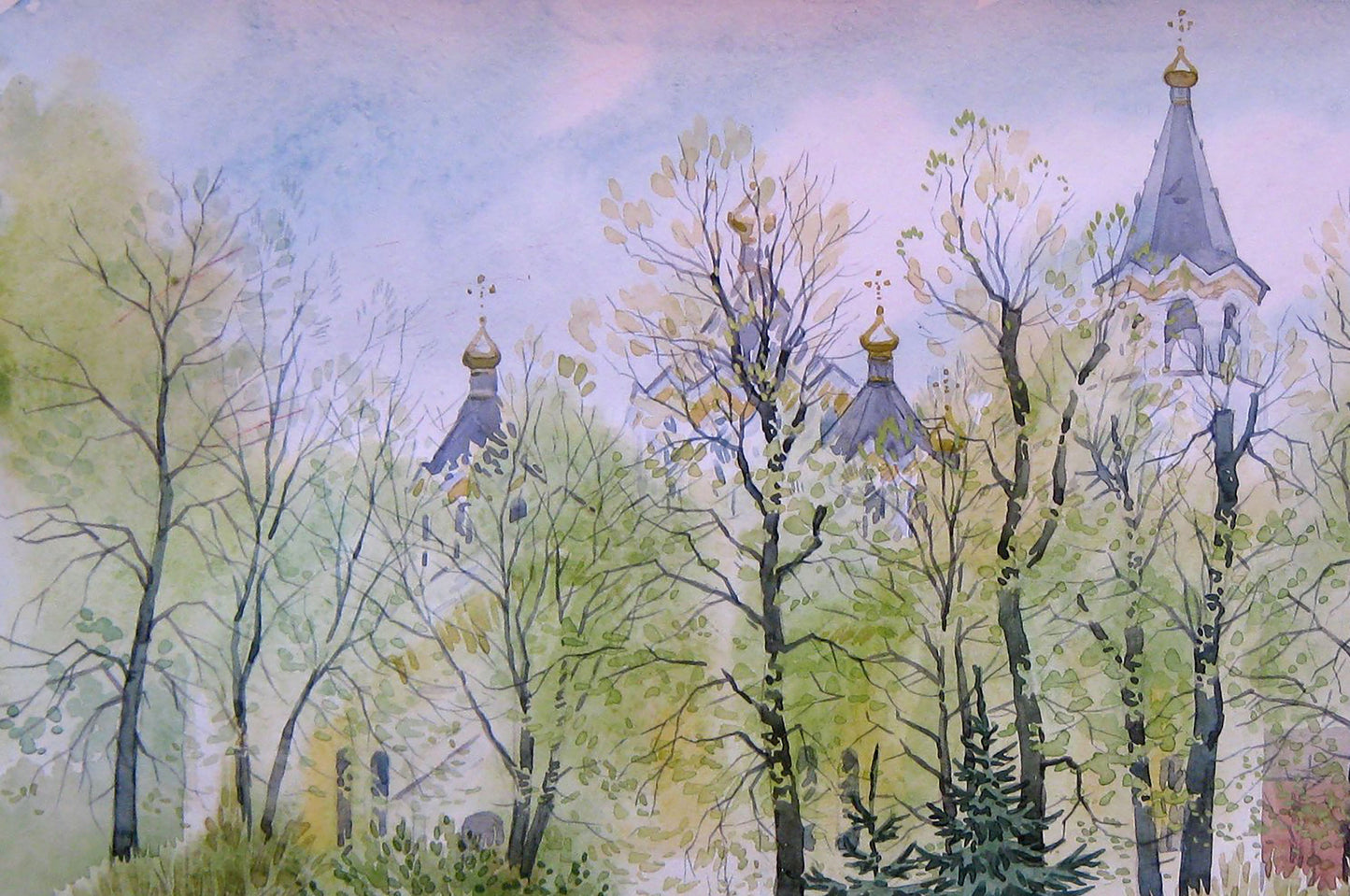 Watercolor painting City April Park Valery Savenets