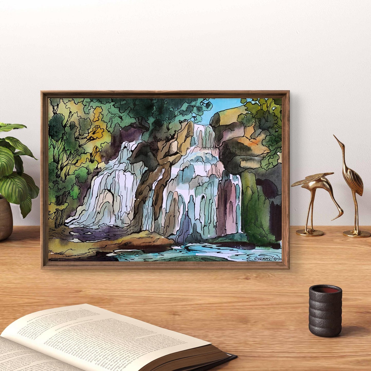 Watercolor painting Mountain waterfall Svetlana Gramm