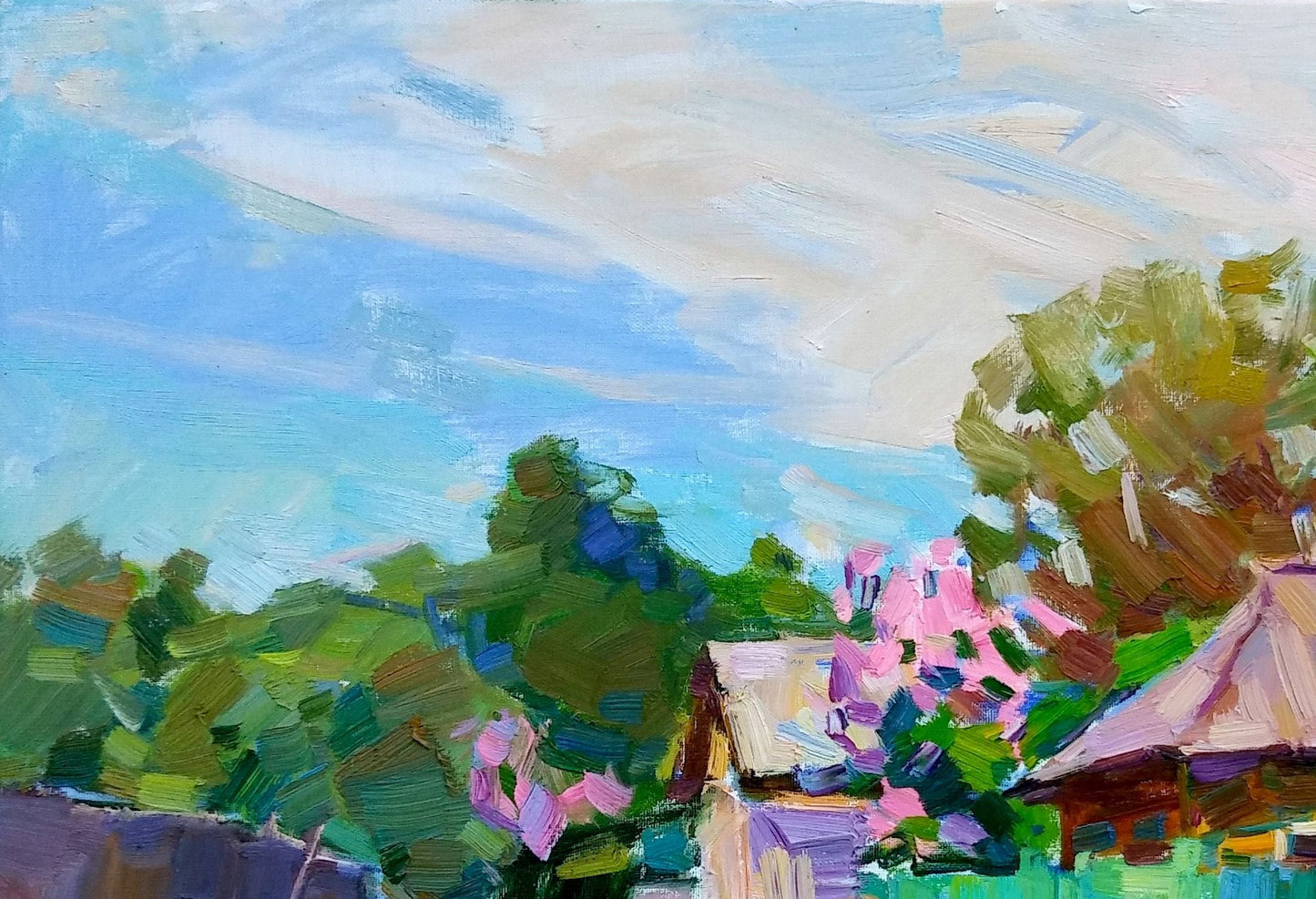 Oli painting Blooming May Rural streets Vyacheslav Pereta