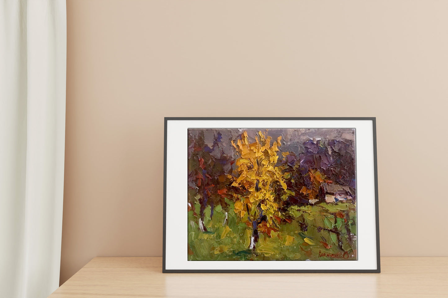Oil painting Autumn twilight and yellow tree Oksana Ivanyuk