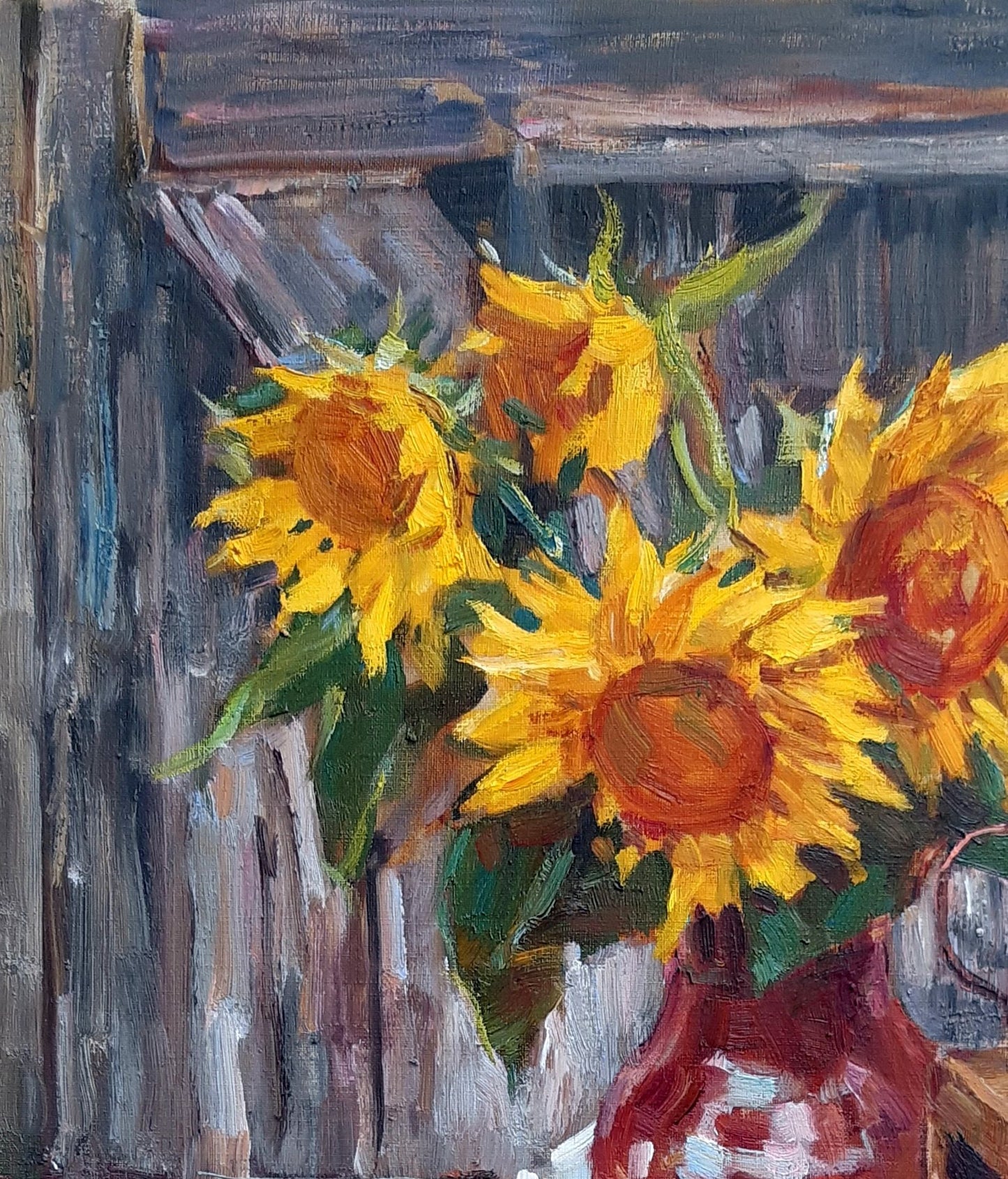 Oli painting Sunflowers and lantern still life Pereta Vyacheslav