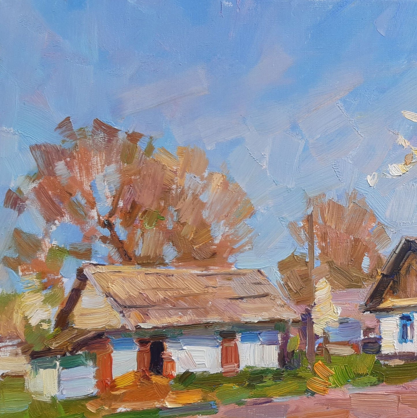 Oli painting April Village landscape Pereta Vyacheslav