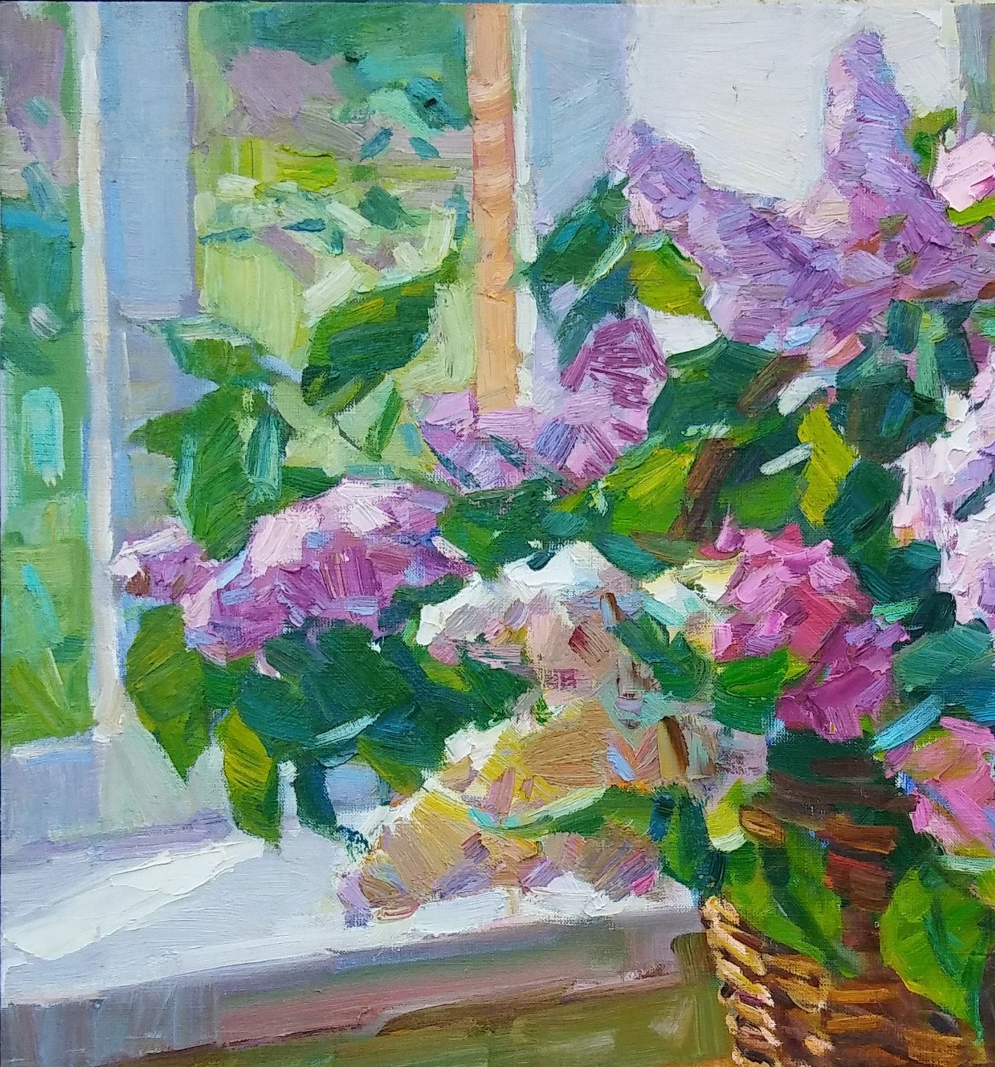 Oli painting Basket with lilacs Flowers Vyacheslav Pereta