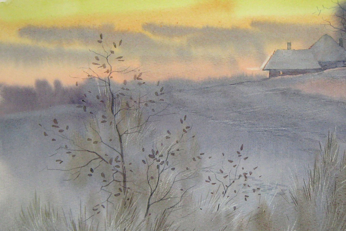 Watercolor painting Winter Village landscape Valery Savenets