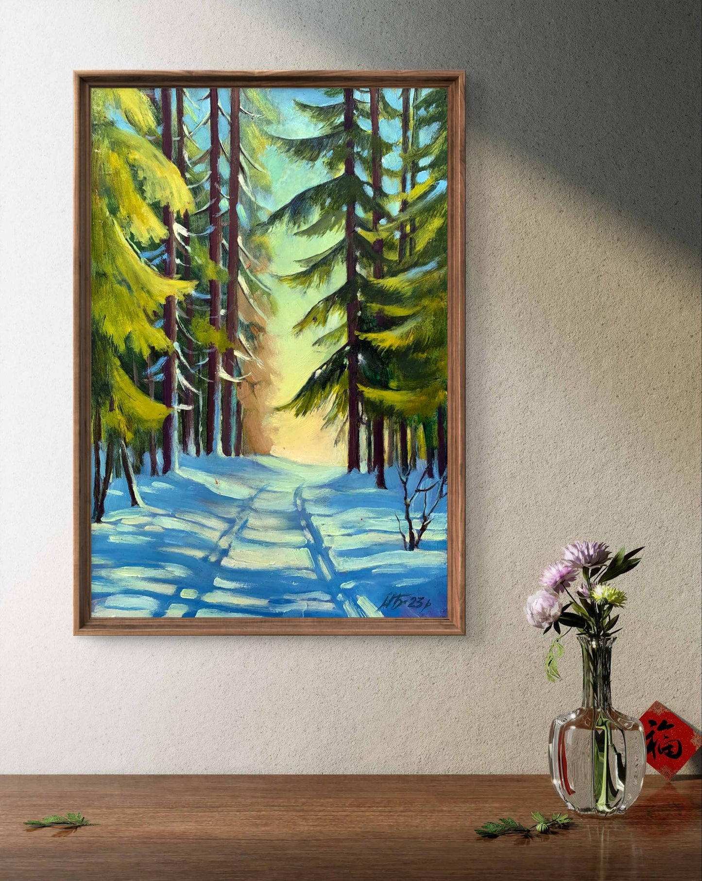 Oil painting Snowy road in the forest Mykhailo Burdylo