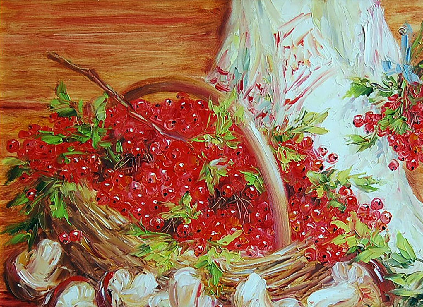 Oil painting Viburnum and mushrooms still life