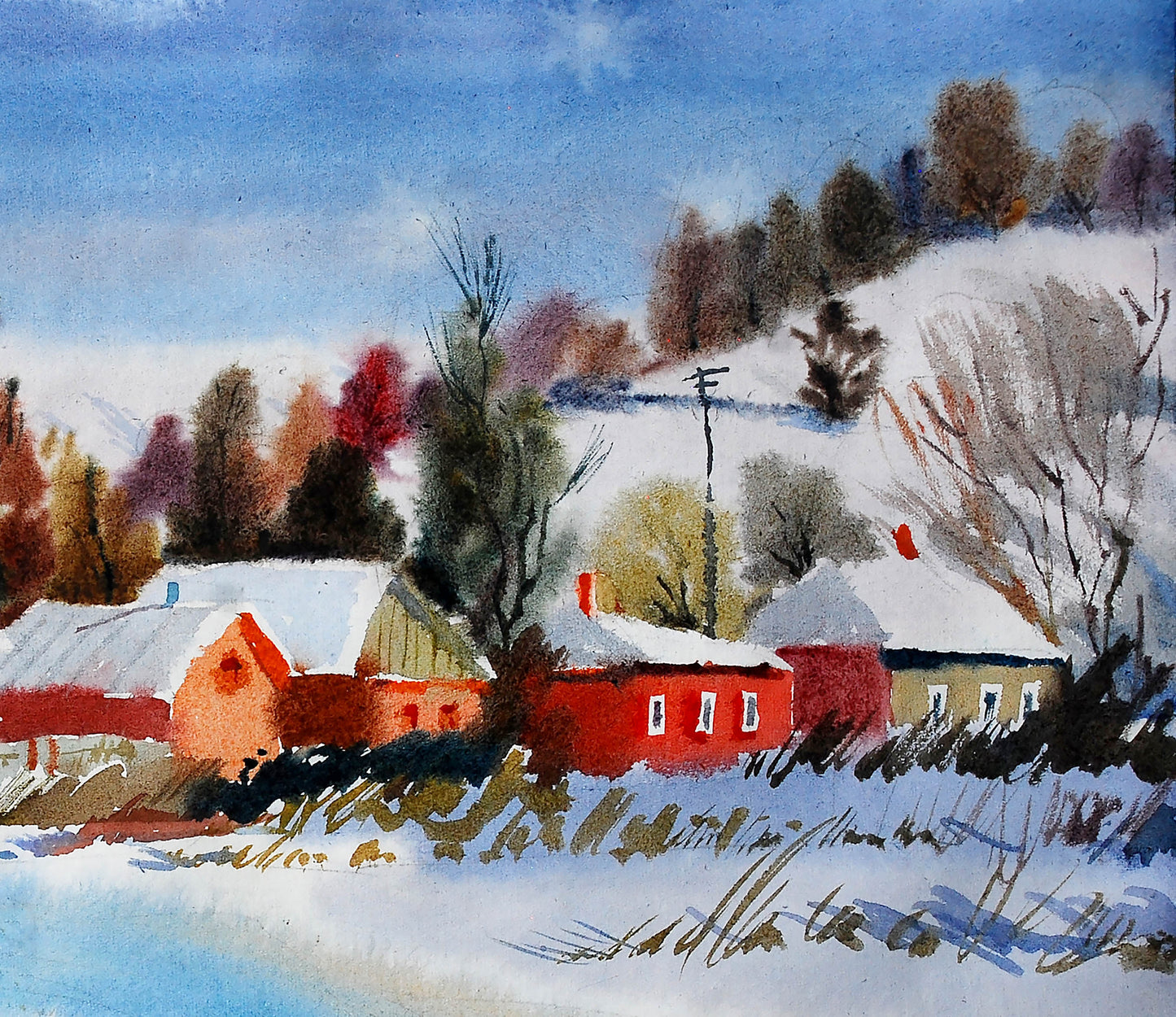 In watercolor, Egor Shvachunov illustrates a wintry landscape