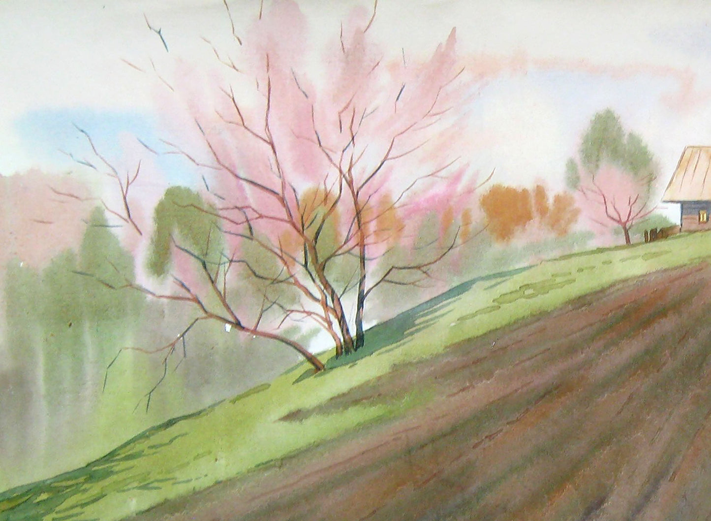 Watercolor painting April gardens landscape Valery Savenets