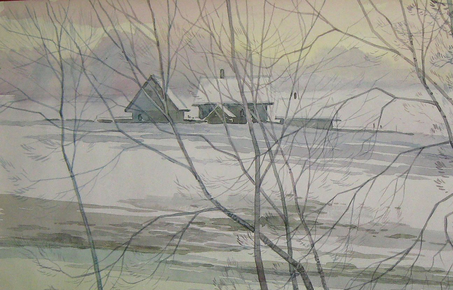 Watercolor painting Nature Landscape Village winter Valery Savenets