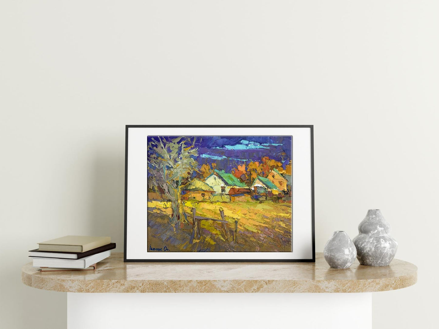 Oil painting evening village
