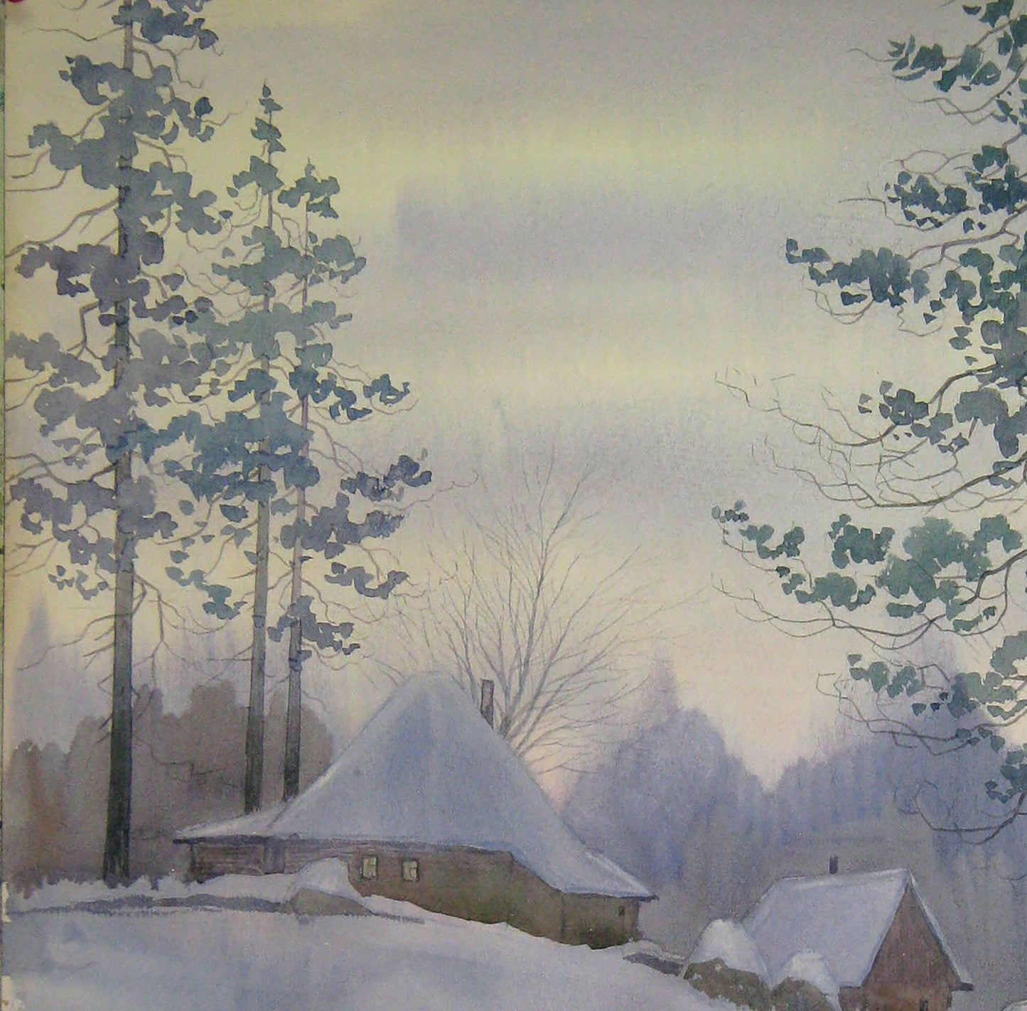 Watercolor Winter Village Landscape Valery Savenets