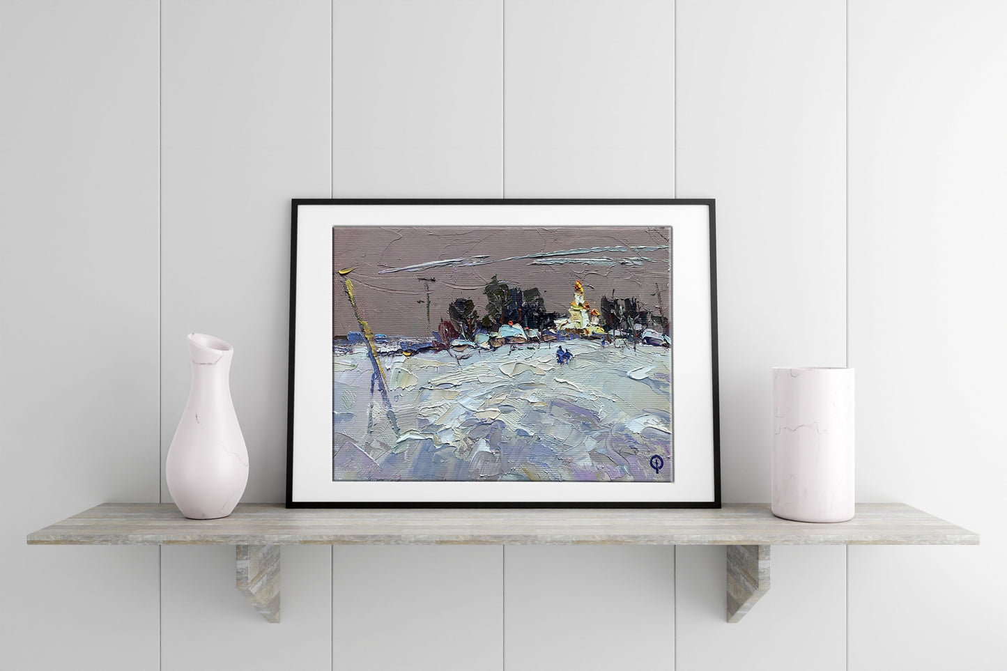 Oil painting Winter Village landscape
