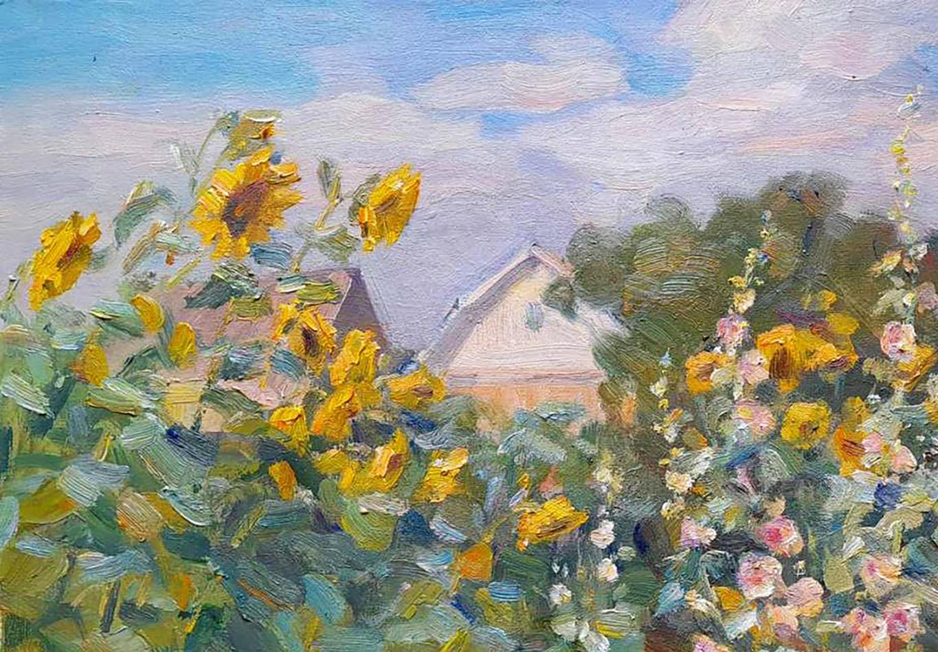 Oil painting Summer Village landscape among sunflowers Ivan Kovalenko