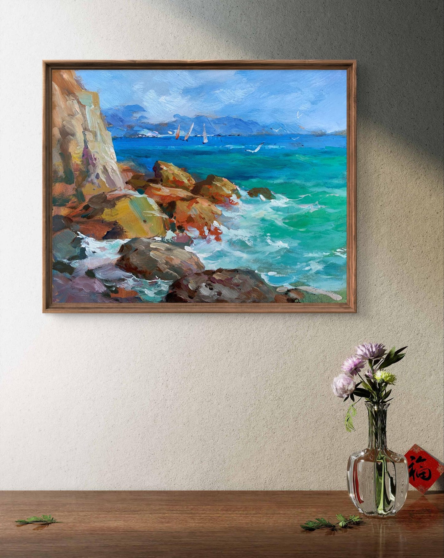 OIl painting Sea waves beat against the rocks Yuriy Suprunchuk