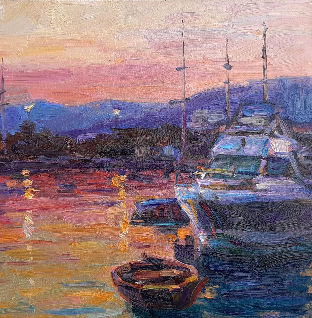 Oli painting Evening City port Pereta Vyacheslav