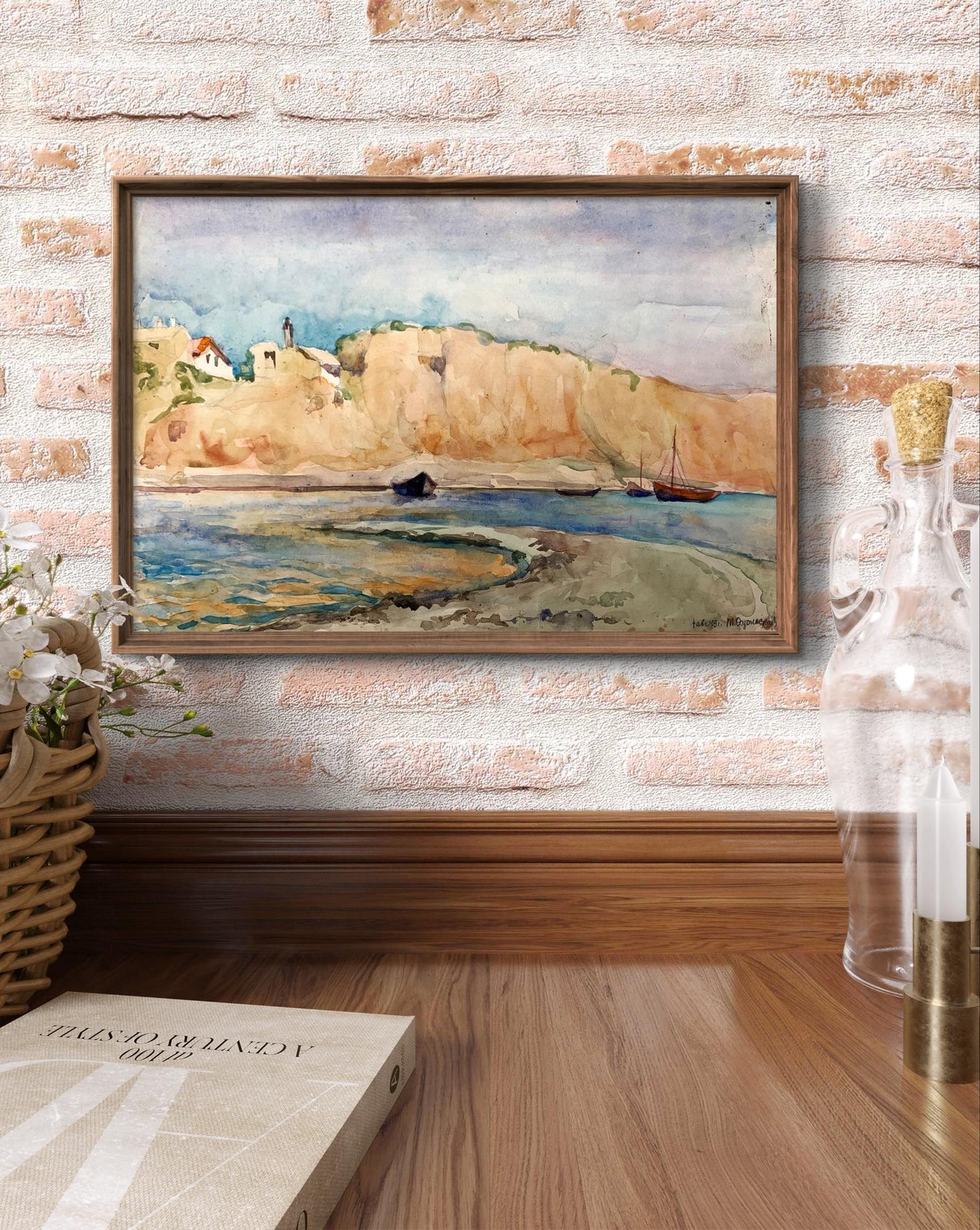 Watercolor painting Boats on the shore Unknown artist