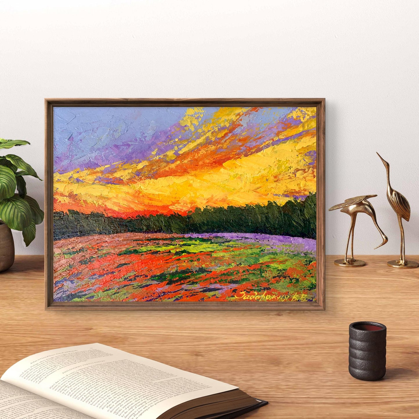 Oil painting Watching the sunset in the field V. Zadorozhnya