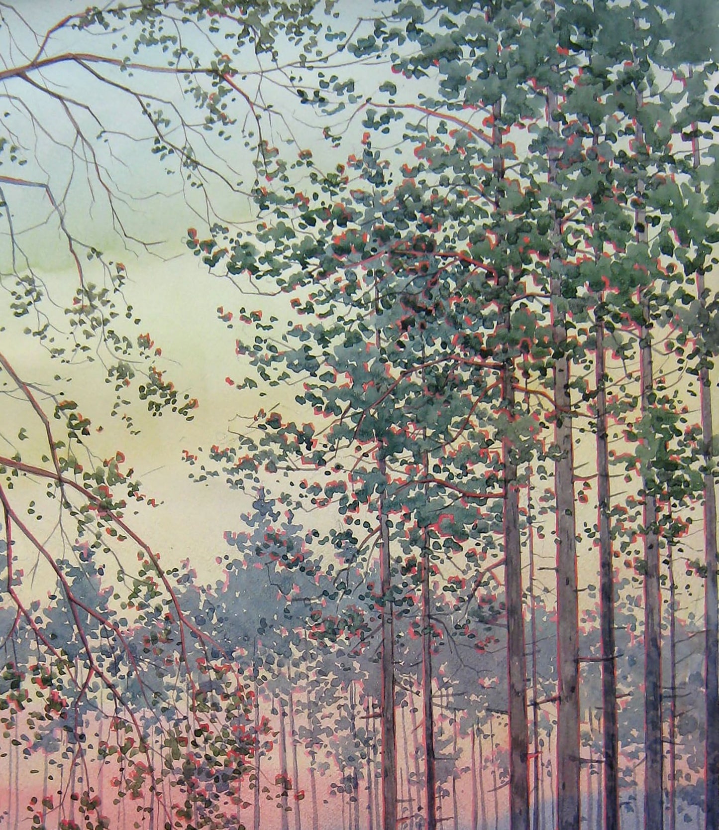 Valery Savenets' watercolor artwork "February Sunset in the Forest"