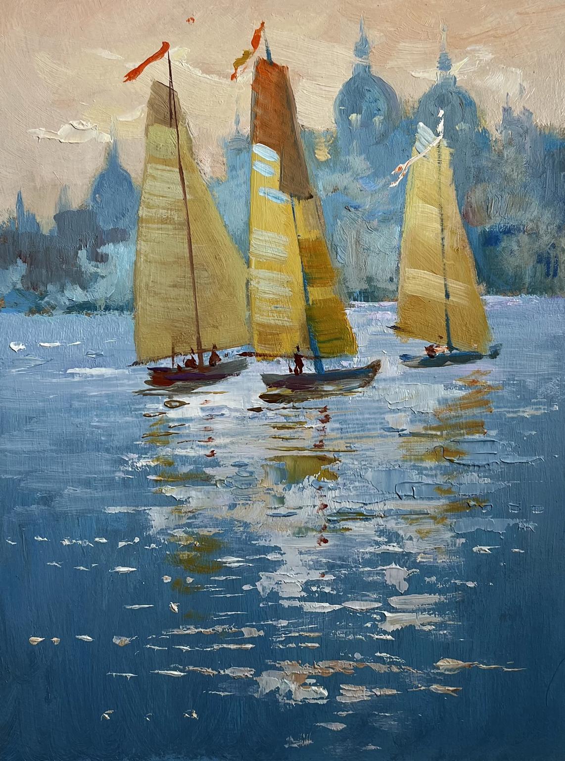 OIl painting Three sailboats in the evening Yuriy Suprunchuk