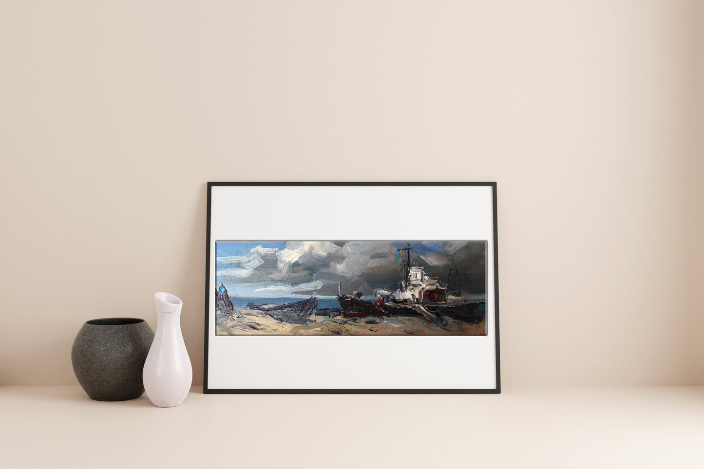 Oil depiction of a ship on the coast by Alexander Nikolaevich Cherednichenko