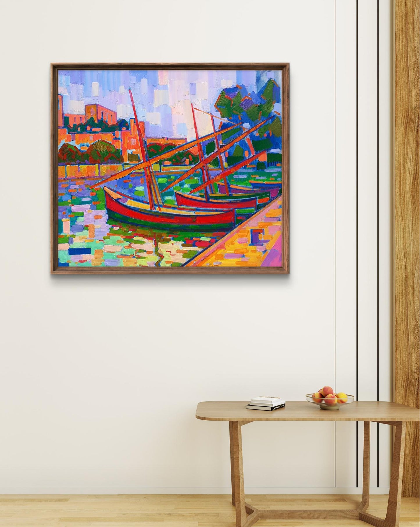 Oil painting Boats at the pier Peter Dobrev
