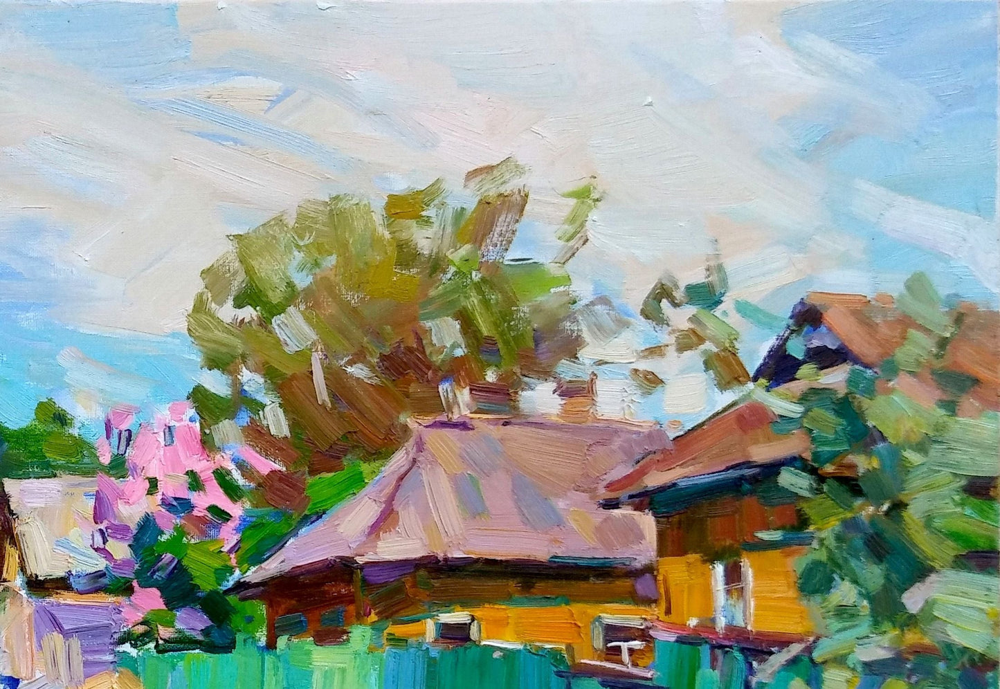 Oli painting Blooming May Village landscape Vyacheslav Pereta