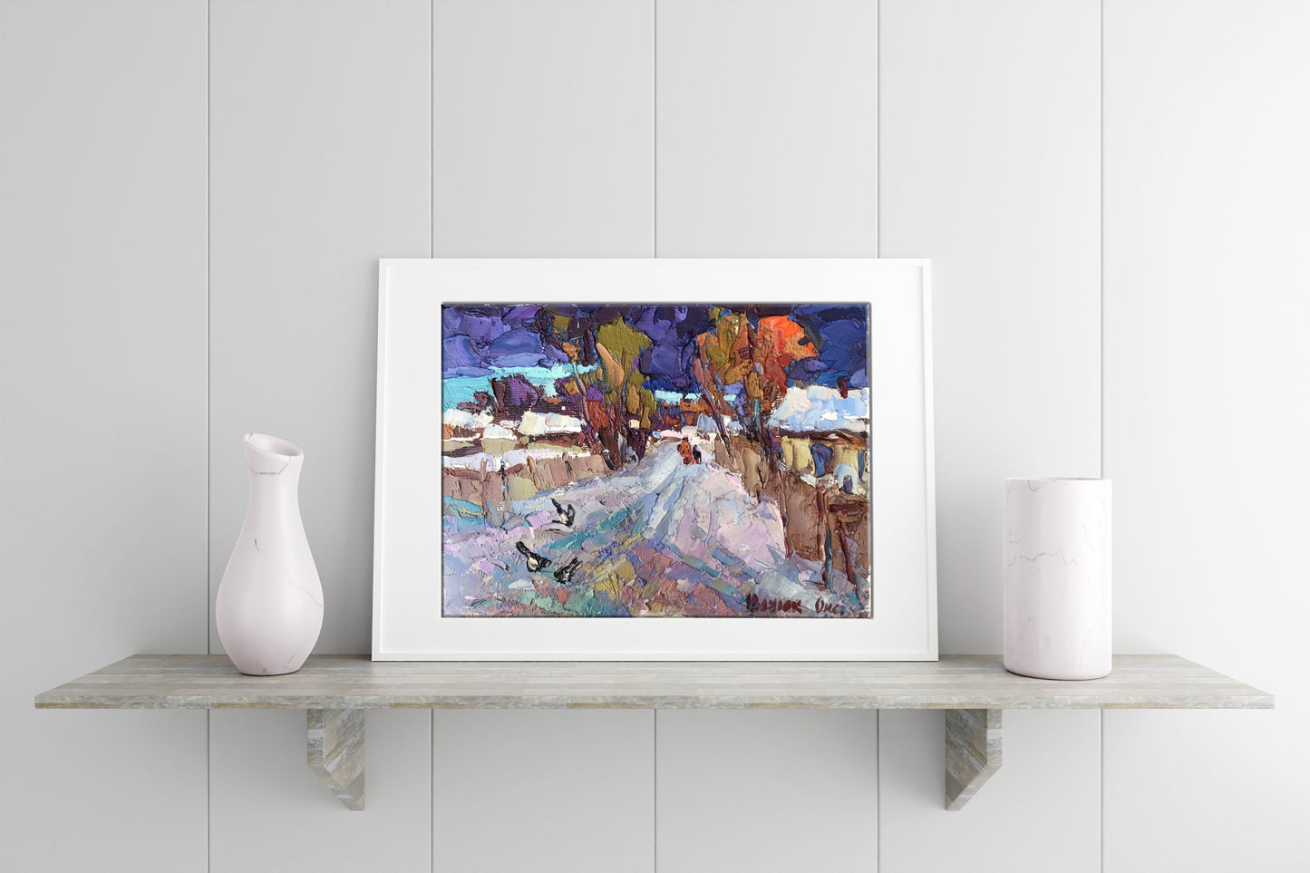 Oil painting street snow
