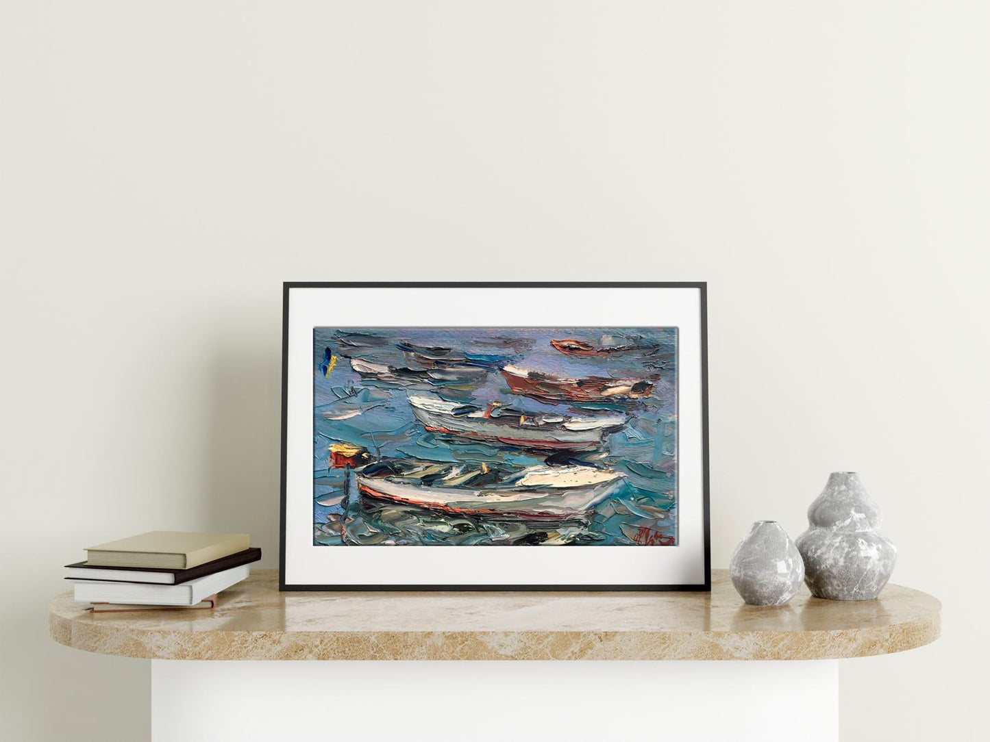 In Alexander Nikolaevich Cherednichenko's oil painting, boats rest along the shore