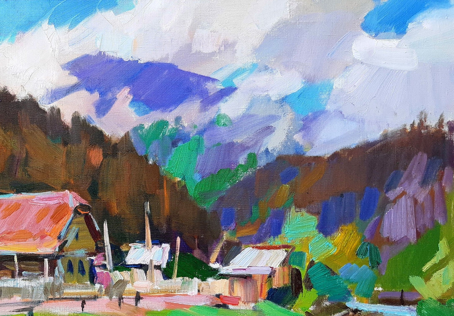 Oli painting Carpathians Mountain Village Pereta Vyacheslav
