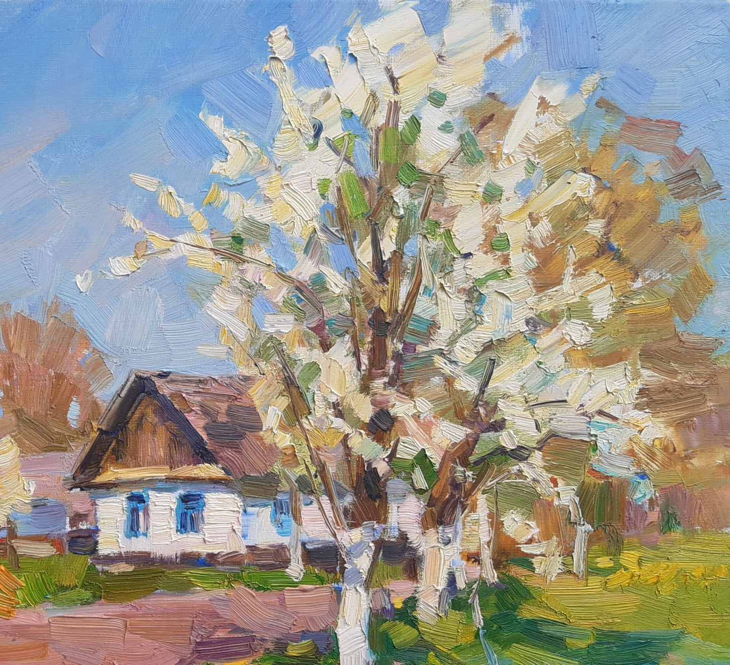 Oli painting Spring Village landscape Pereta Vyacheslav