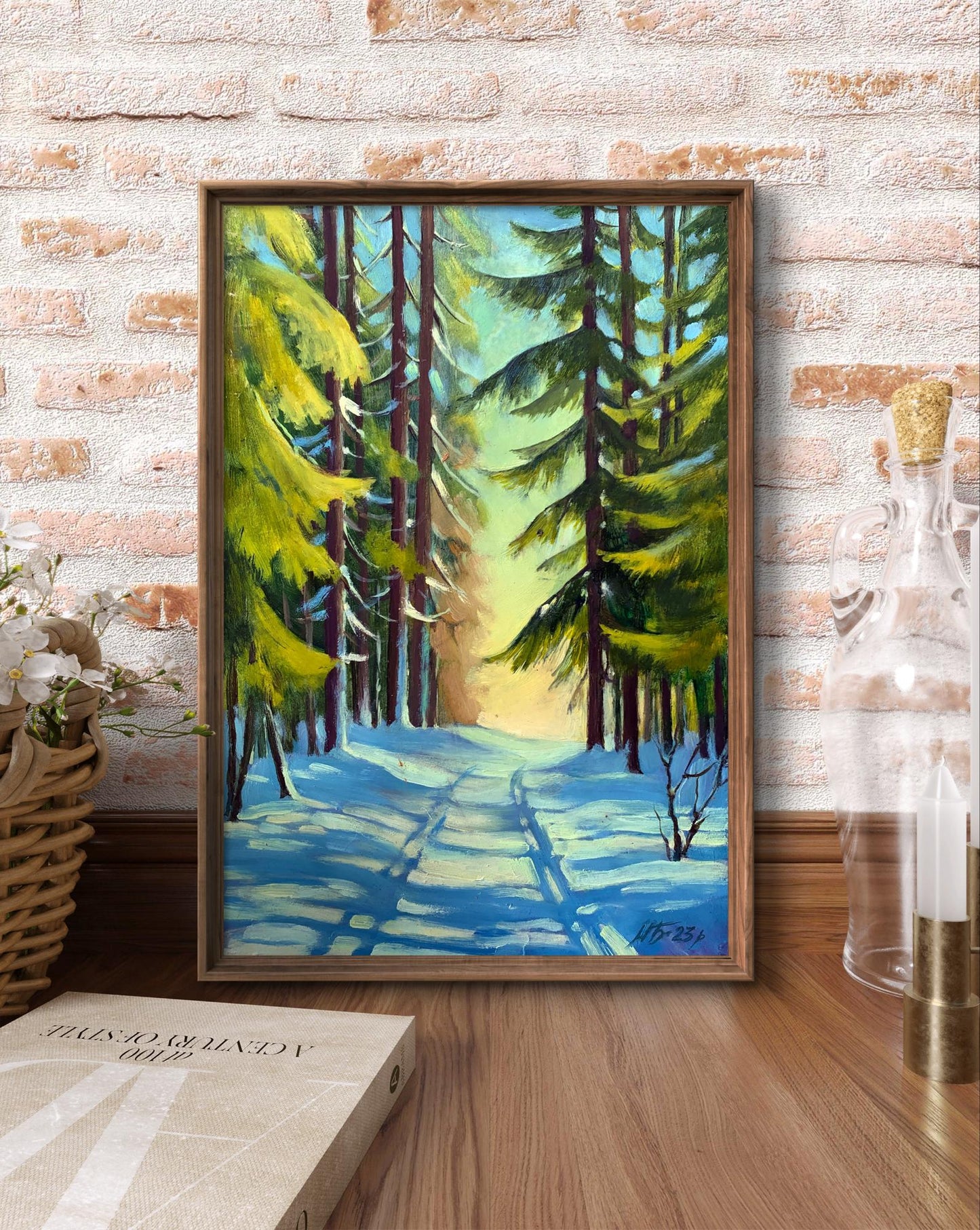 Oil painting Snowy road in the forest Mykhailo Burdylo