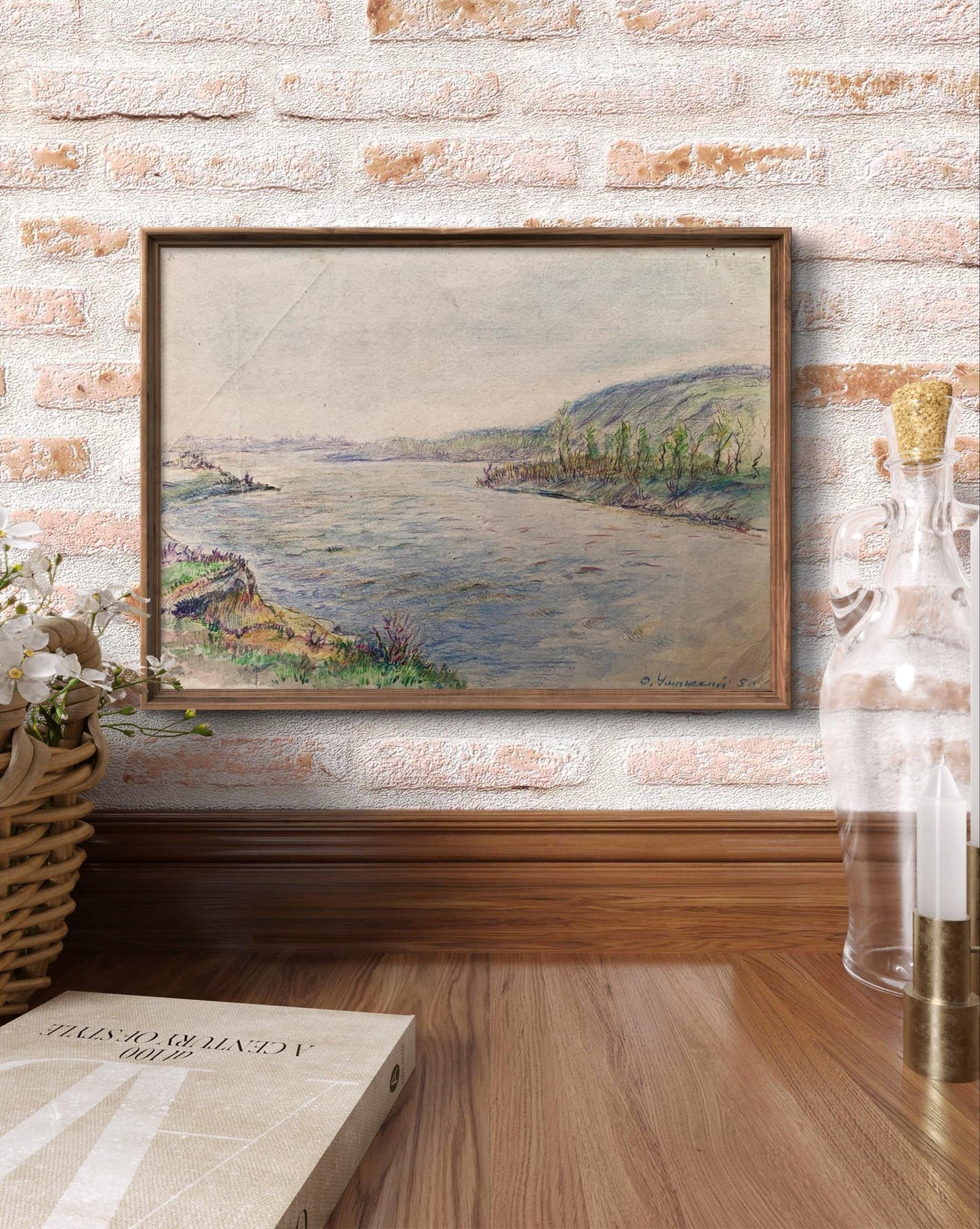 Colored pencil painting Quiet river O. Umansky