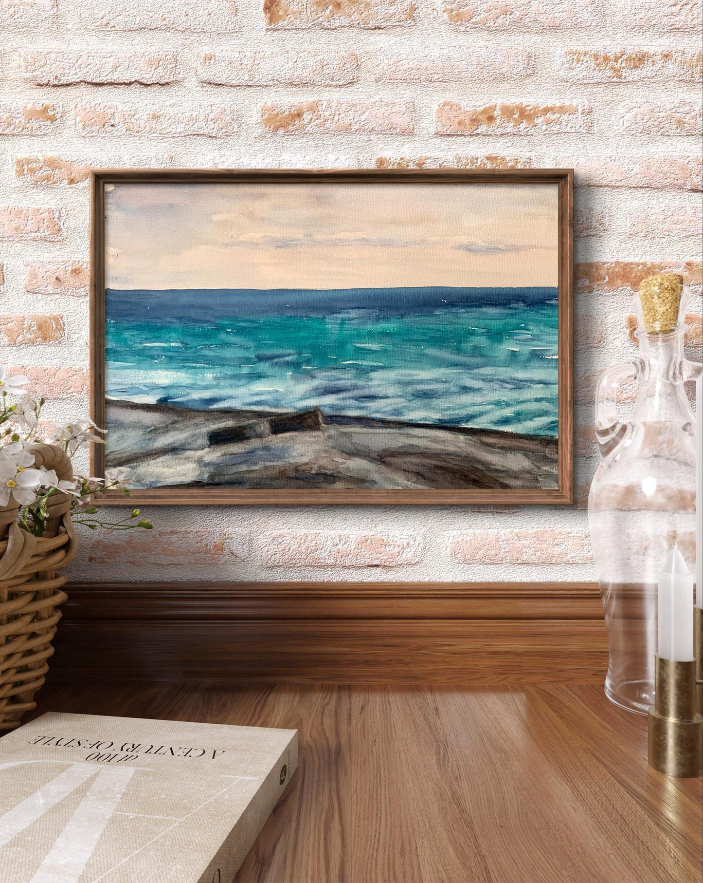 Watercolor painting Evening sea tide Unknown artist