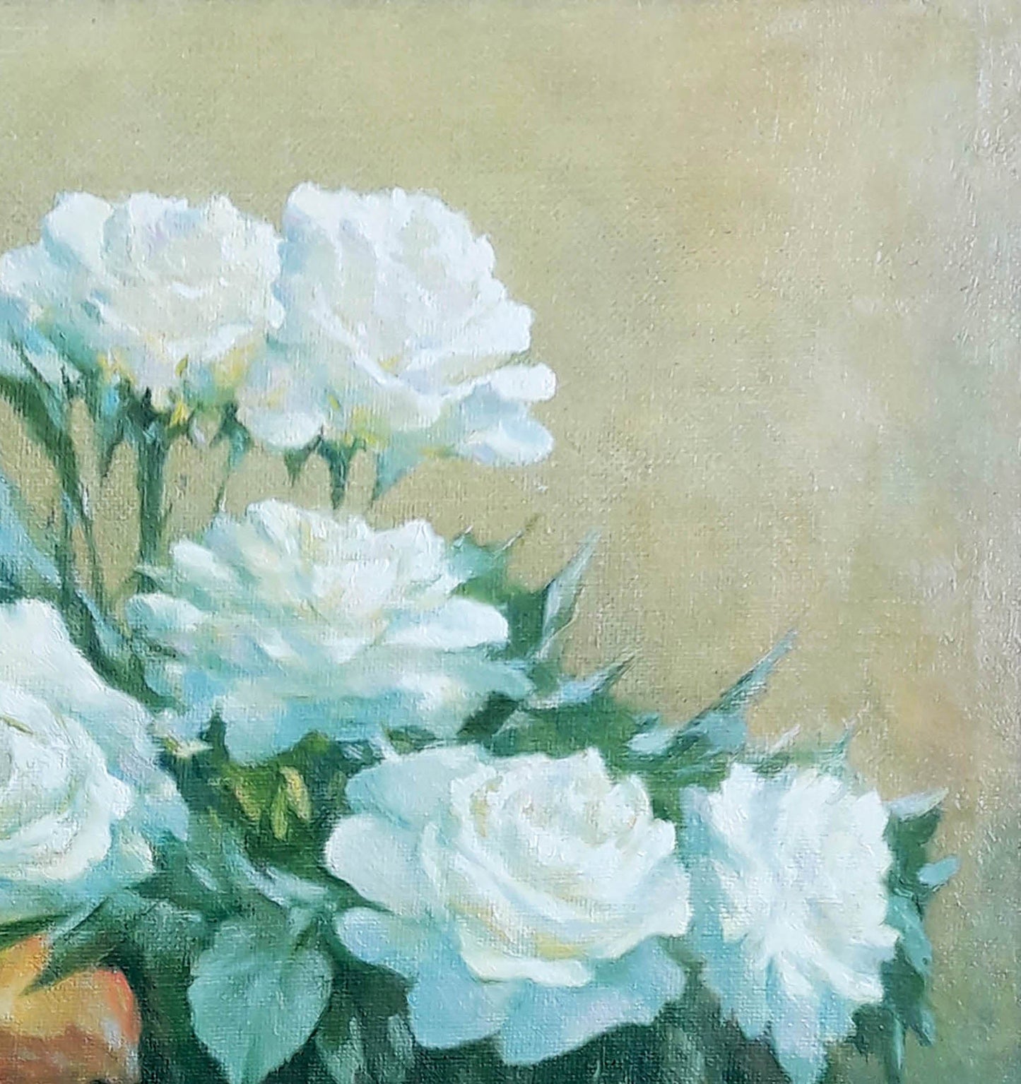 Oil painting White and yellow roses in a vase Vasily Korkishko