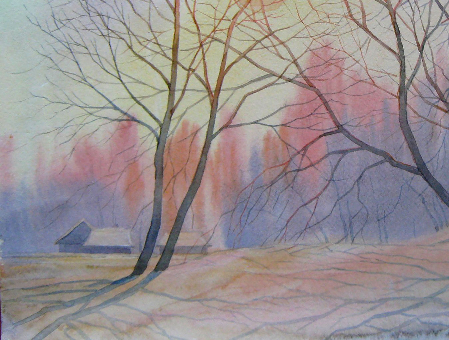 Watercolor painting Winter Forest Landscape
