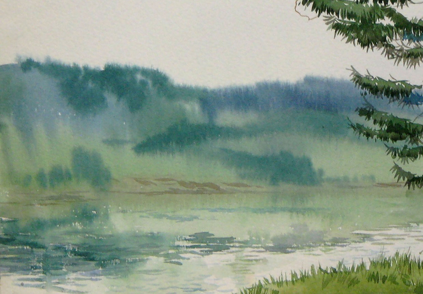 Watercolor painting Forest River Nature Landscape