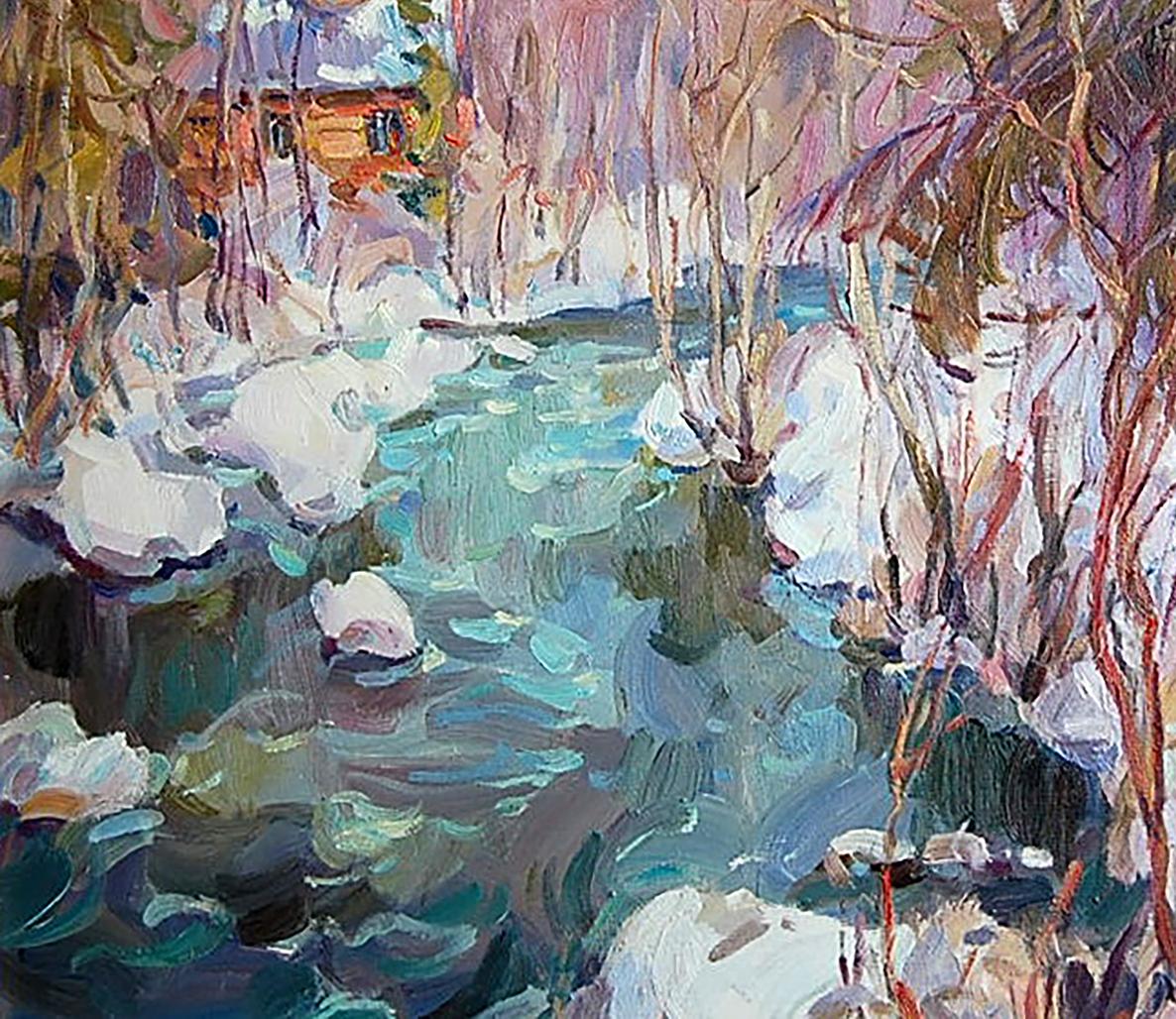Oil painting Spring River Forest landscape