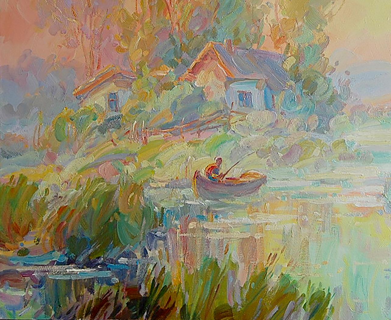Oil painting River Village Landscape