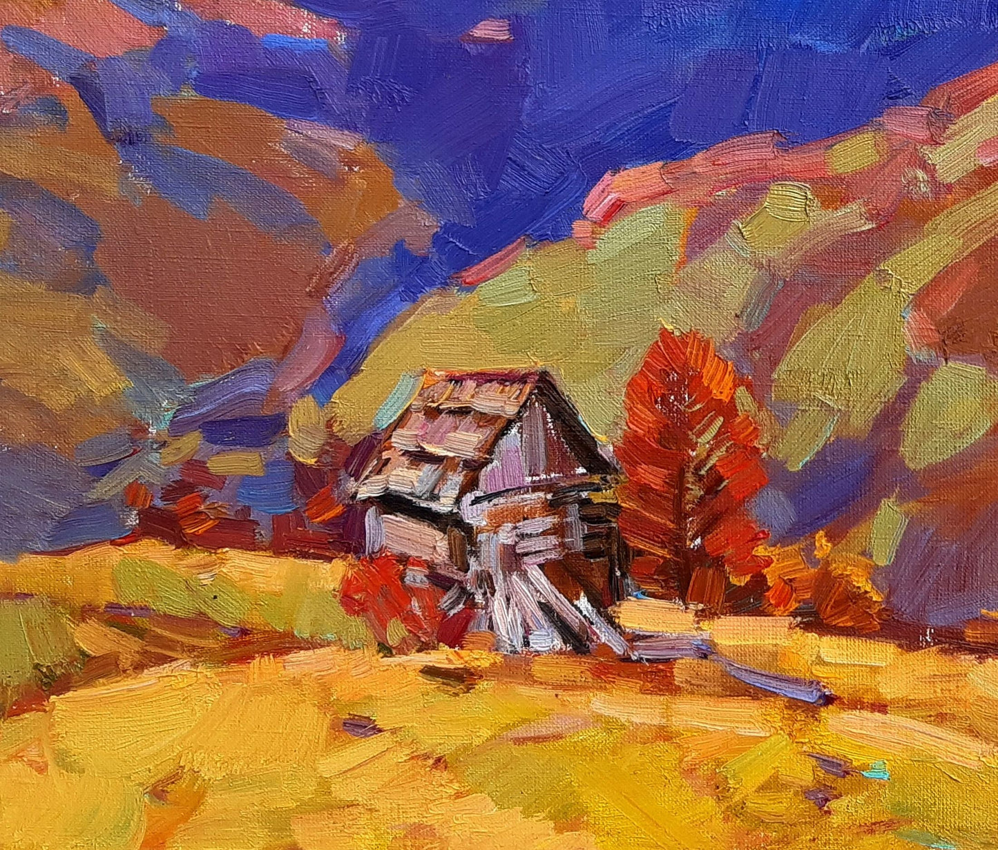 Oli painting Mountain Village Landscape Pereta Vyacheslav