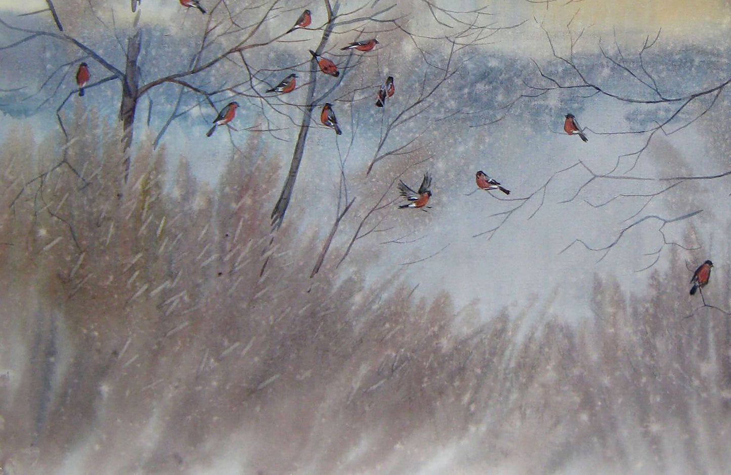 Valery Savenets's watercolor painting "Bullfinches"