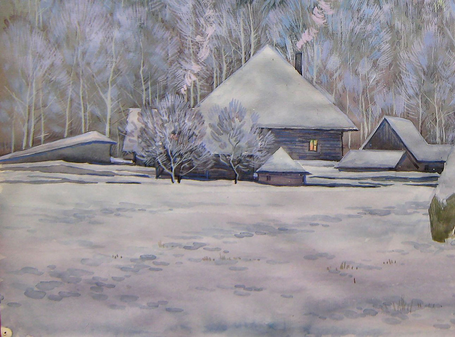 Watercolor painting Winter countryside