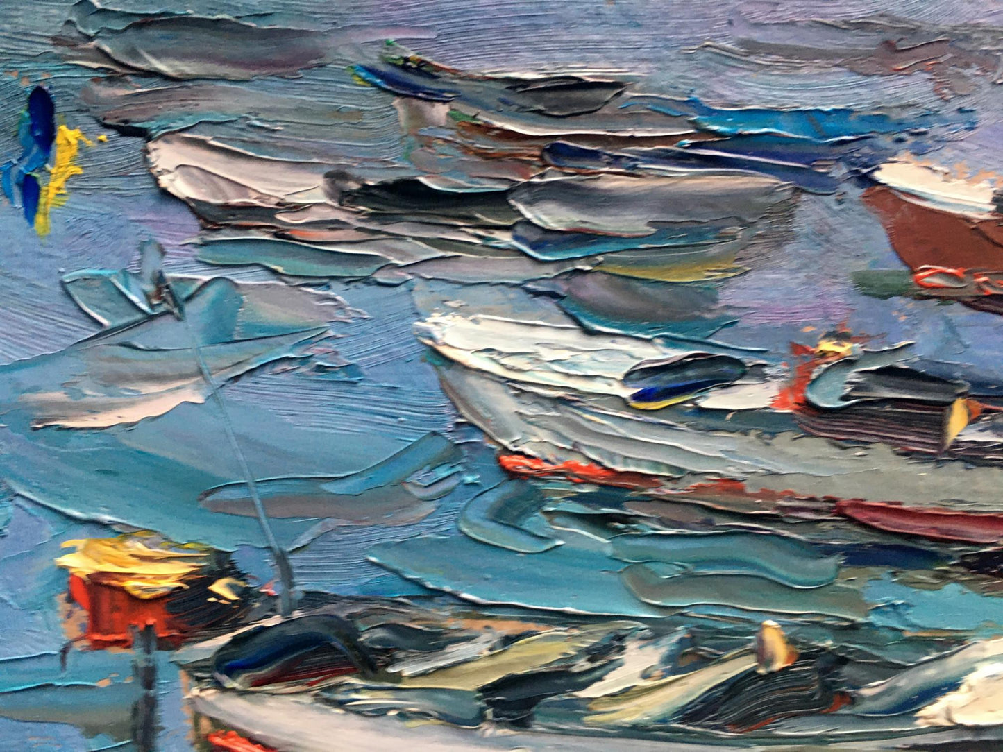 Boats anchored by the shore as depicted in Alexander Nikolaevich Cherednichenko's oil artwork